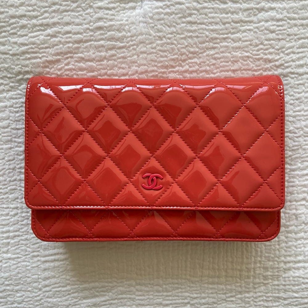 Chanel Patent Quilted Dark Pink Wallet On Chain WOC